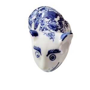 Vintage Blue and White Resting Cat Figurine Floral Chinoiserie Asian Design 8"L